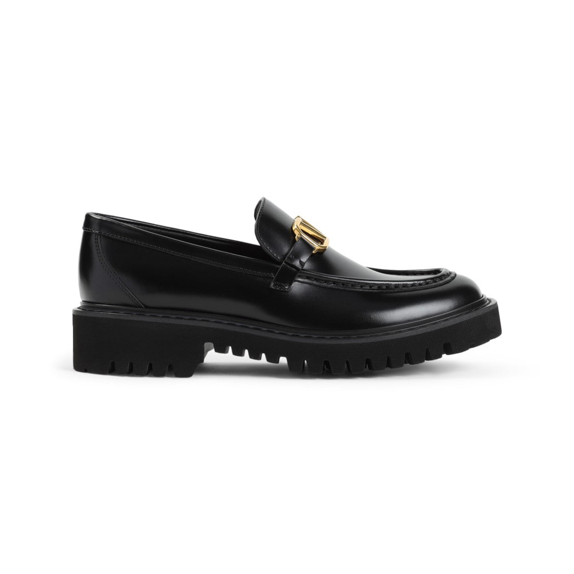 Valentino Black Leather Loafers With Gold-Tone V-Logo