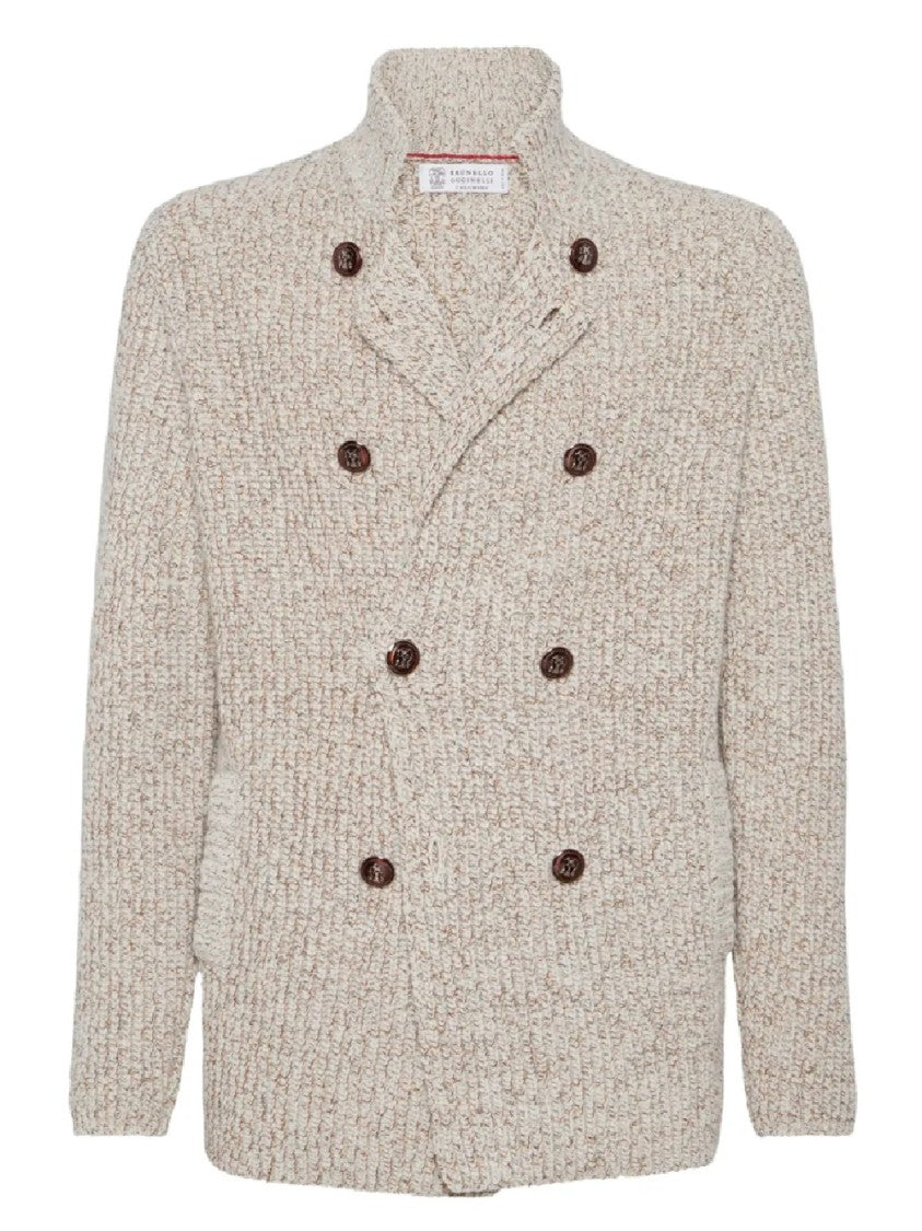 Brunello Cucinelli Textured Knit Double-Breasted Jacket With High Collar