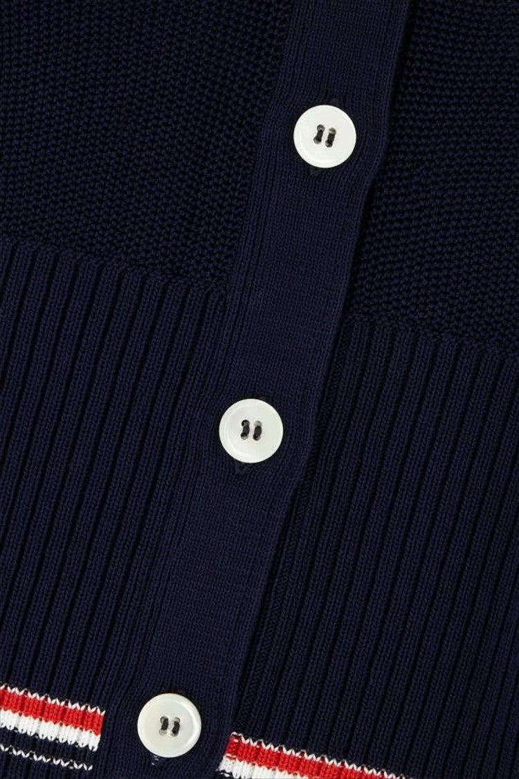 Thom Browne Cropped V-Neck Cardigan With Ribbed Texture And Tricolor Accents