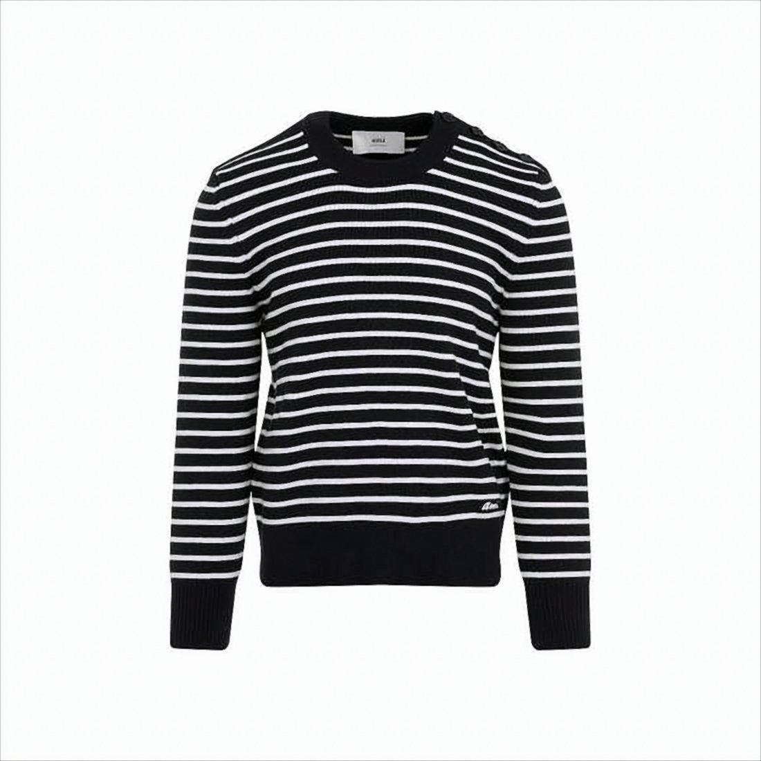 Ami Horizontal Stripe Knit Sweater With Shoulder Button Detail