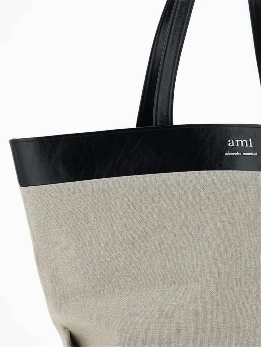 Ami Beige Canvas Tote Bag With Black Leather Trim