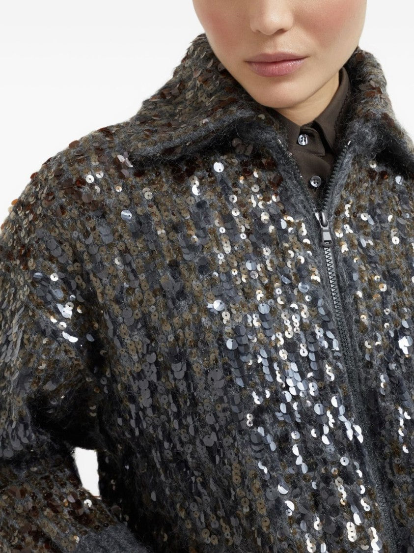 Brunello Cucinelli Textured Grey Sweater With Sequined Detailing