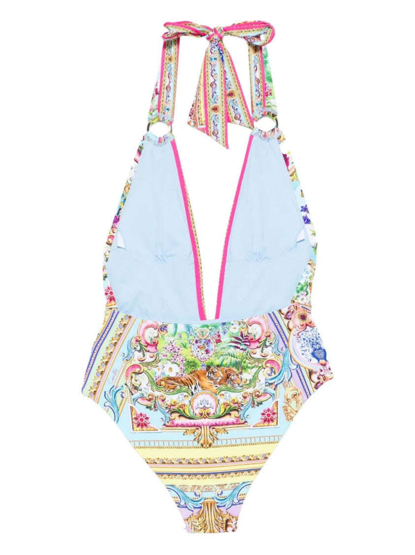 Camilla Baroque Print Swimsuit With Jewel Embellishments And Halter Neck Design