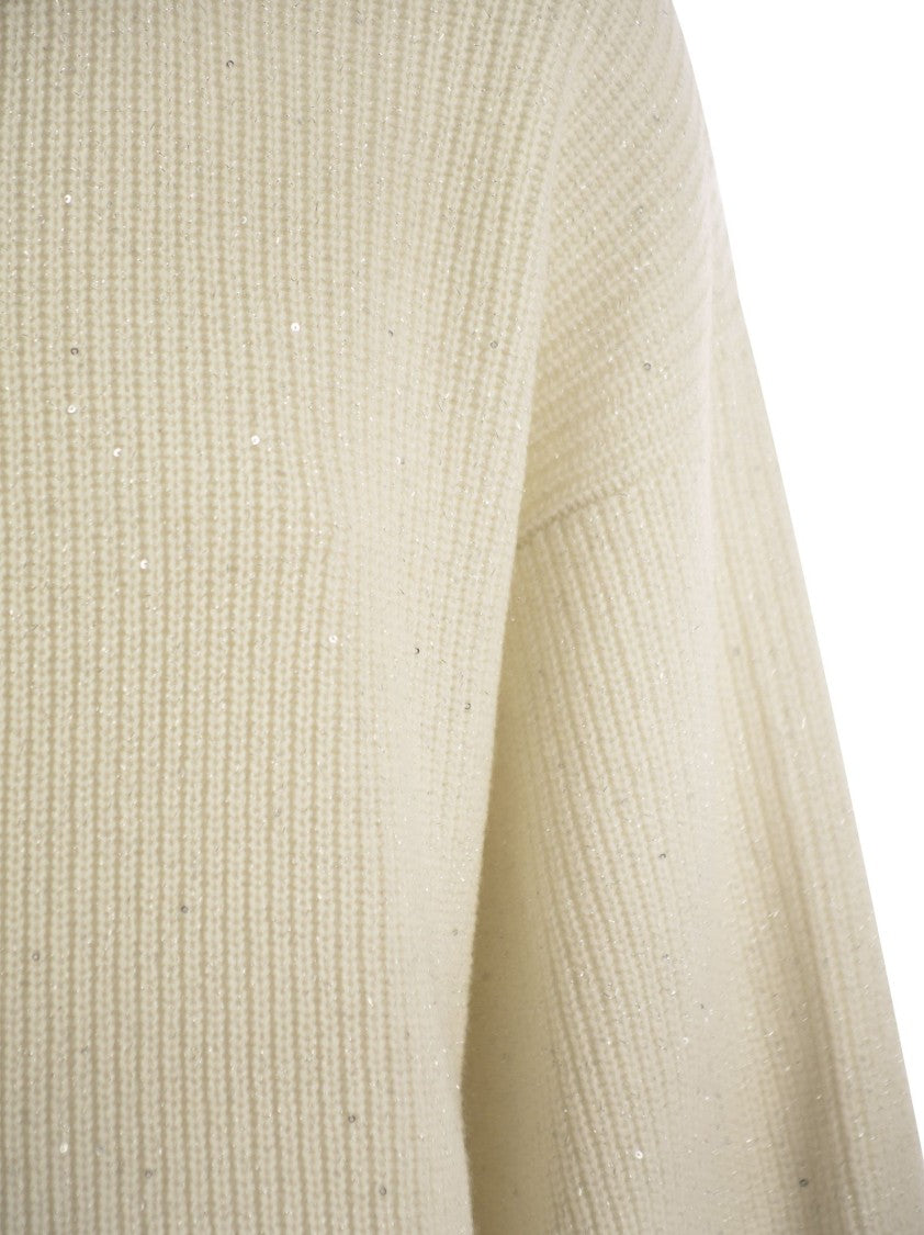 Brunello Cucinelli Wool And Cashmere Rib Sweater With Sequins