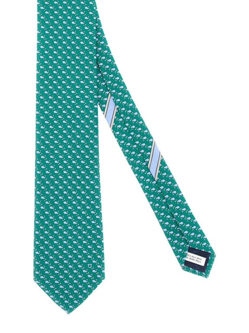 Ferragamo Silk Tie With Repeating Motif And Pointed Tip