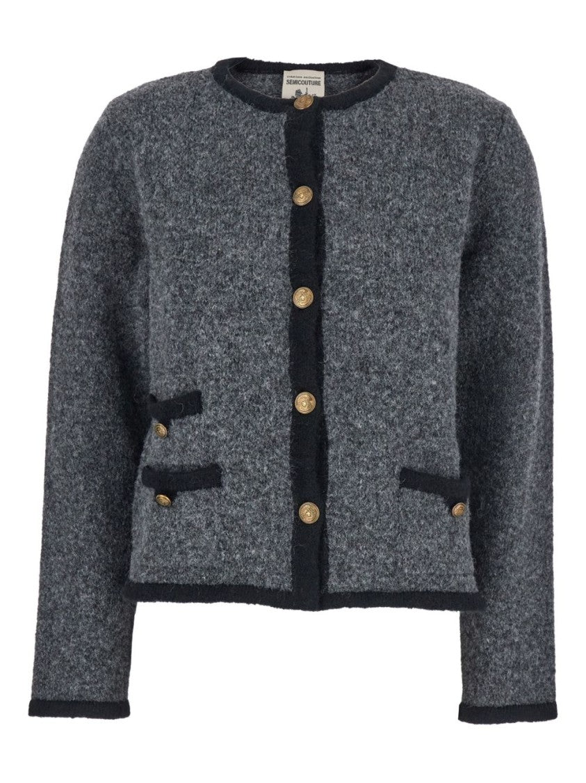Semi Couture Textured Gray Cardigan With Contrasting Trim