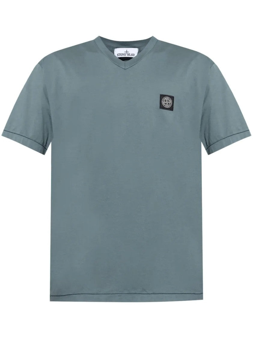 Stone Island V-Neck T-Shirt With Logo Patch