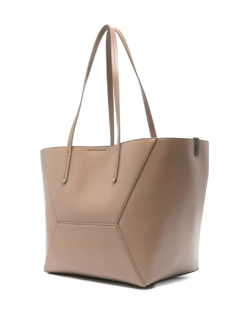 Brunello Cucinelli Geometric Panel Brown Tote Bag With Detachable Pouch