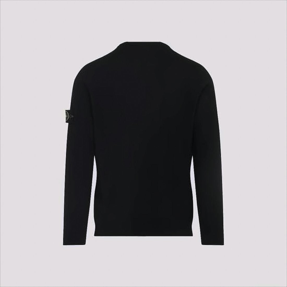 Stone Island Classic Black Wool Crew Neck Sweater With Iconic Patch
