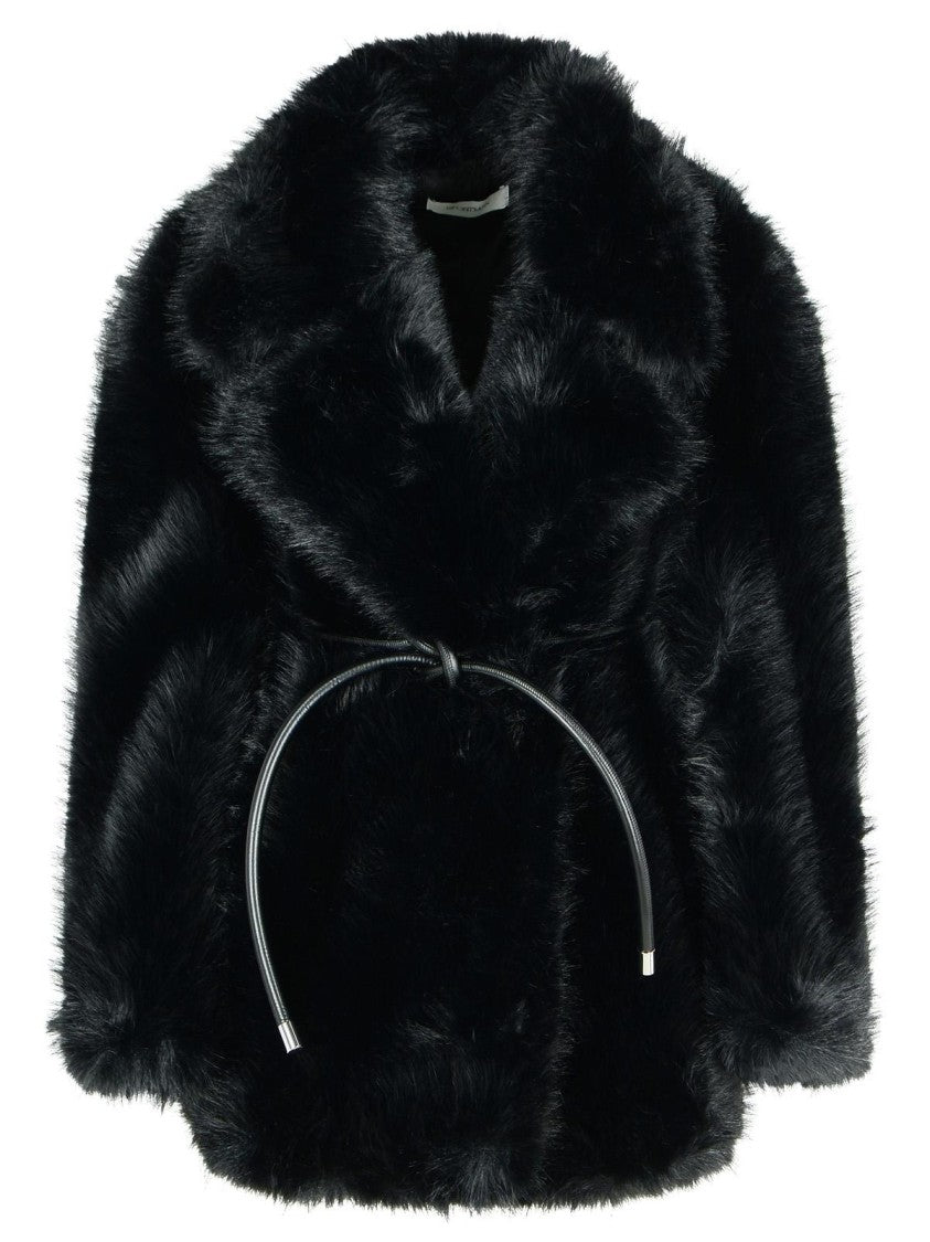 Sportmax 'Rosaria' Black Faux Fur Belted Jacket