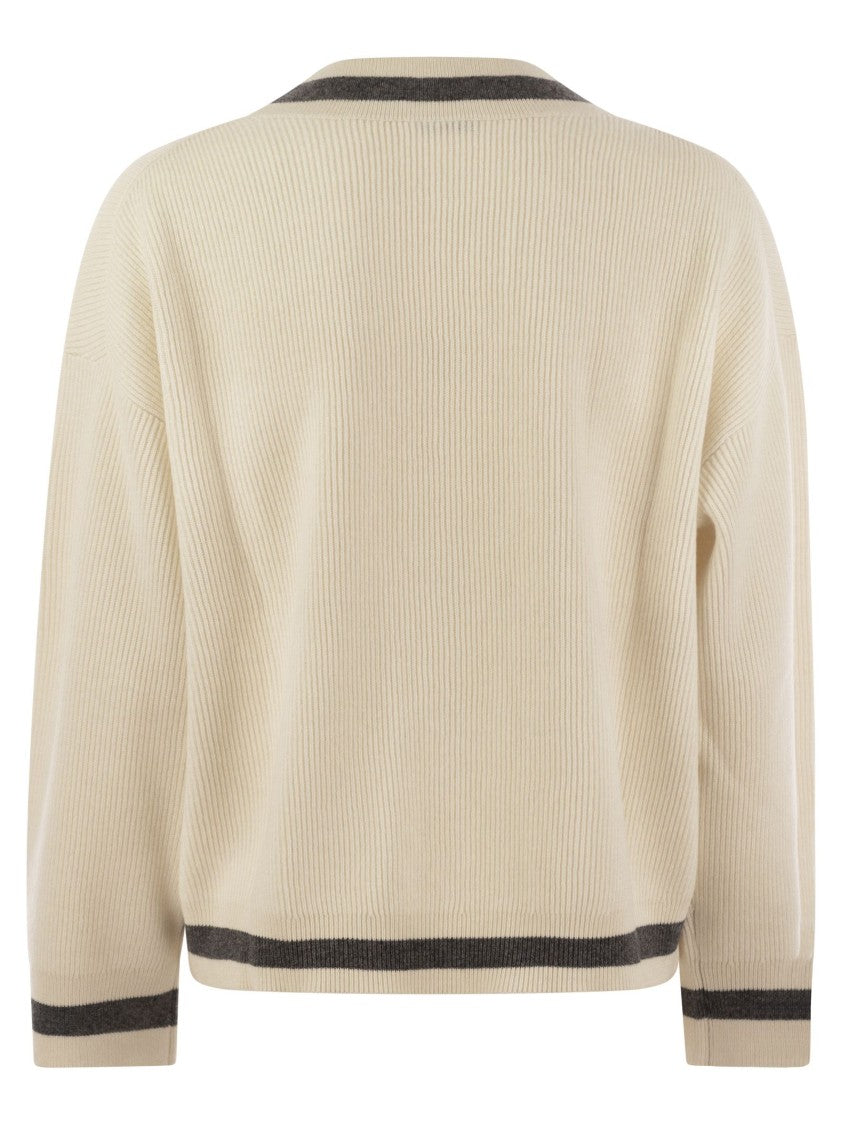 Brunello Cucinelli Ribbed Cashmere Sweater With Contrasting Stripe