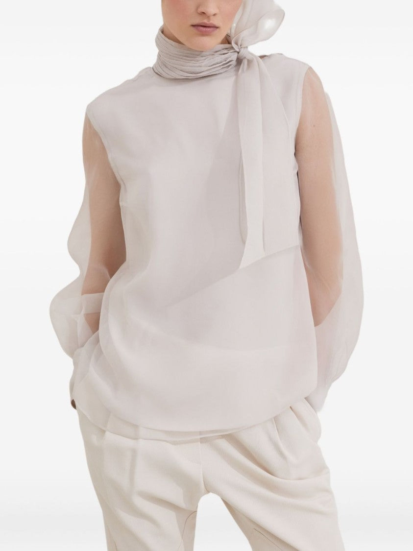 Brunello Cucinelli High Neck Beige Blouse With Pleated Detailing And Sheer Sleeves