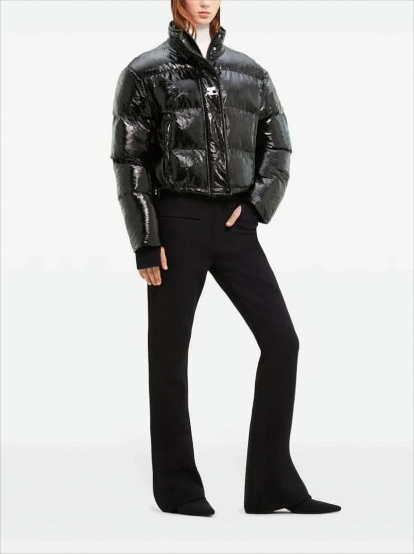 Courrèges Cropped Black Puffer Jacket With Glossy Finish And Adjustable Hem