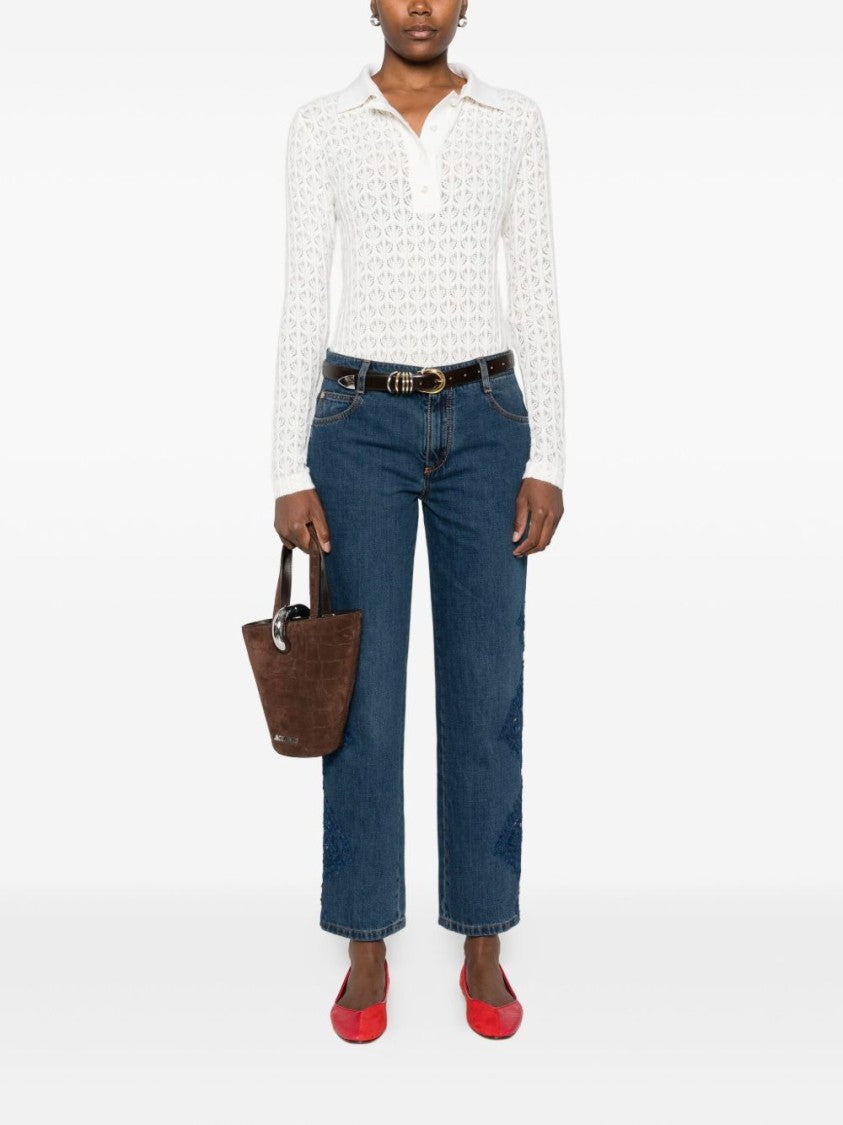 Pinko Open-Knit Long-Sleeved Top With Polo Collar