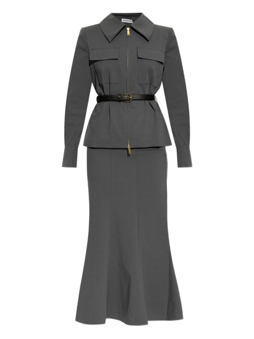 Self-Portrait Gray Twill Midi Dress