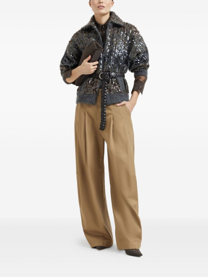 Brunello Cucinelli Textured Grey Sweater With Sequined Detailing