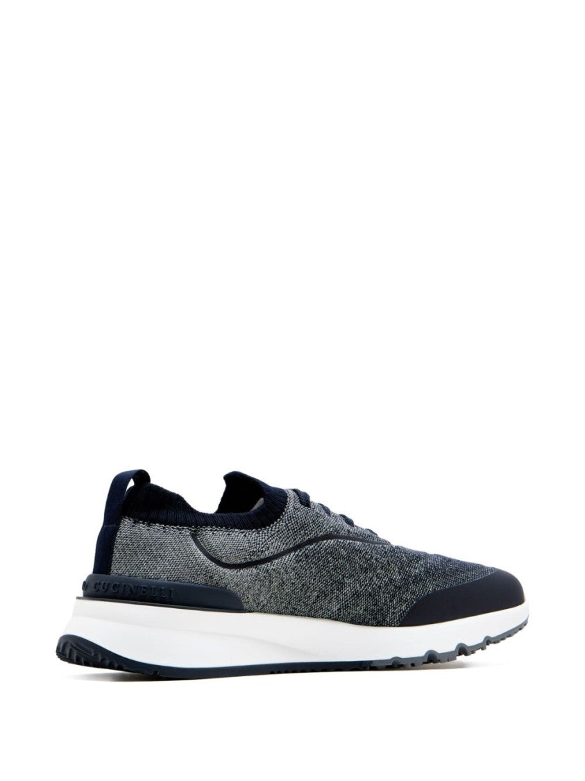 Brunello Cucinelli Navy Blue Knit Lace-Up Sneakers