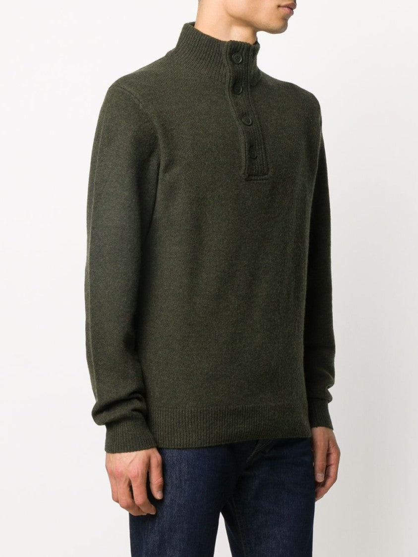 Barbour Forest Green Wool Knit Sweater With Ribbed Detailing And Button Accents