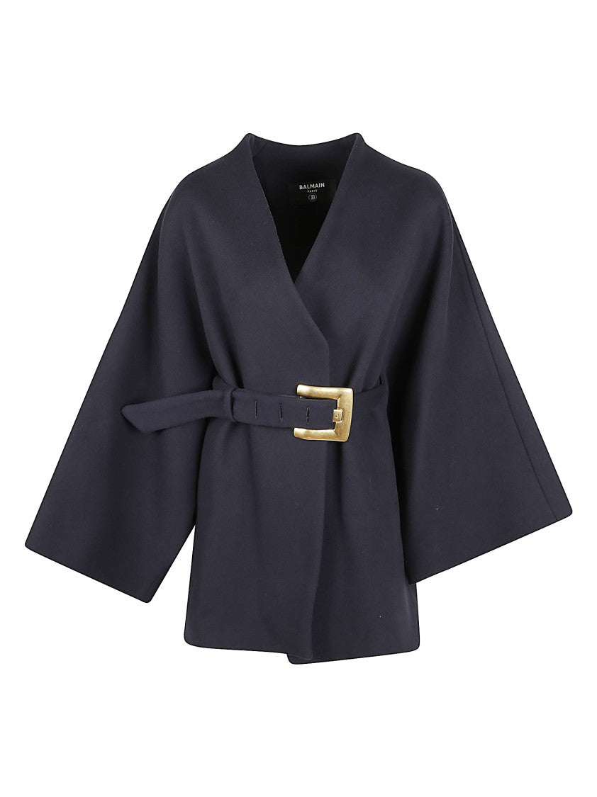 Balmain Oversized Wool Wrap Coat With Gold-Tone Buckle Detail