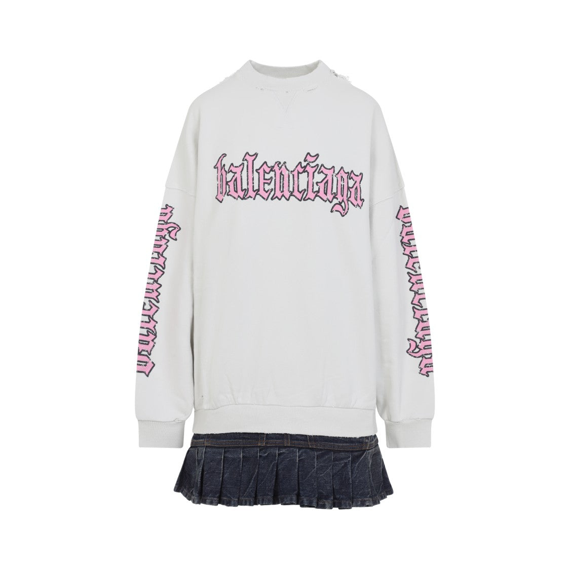 Balenciaga Gothic Lettering Cotton Dress With Pleated Skirt