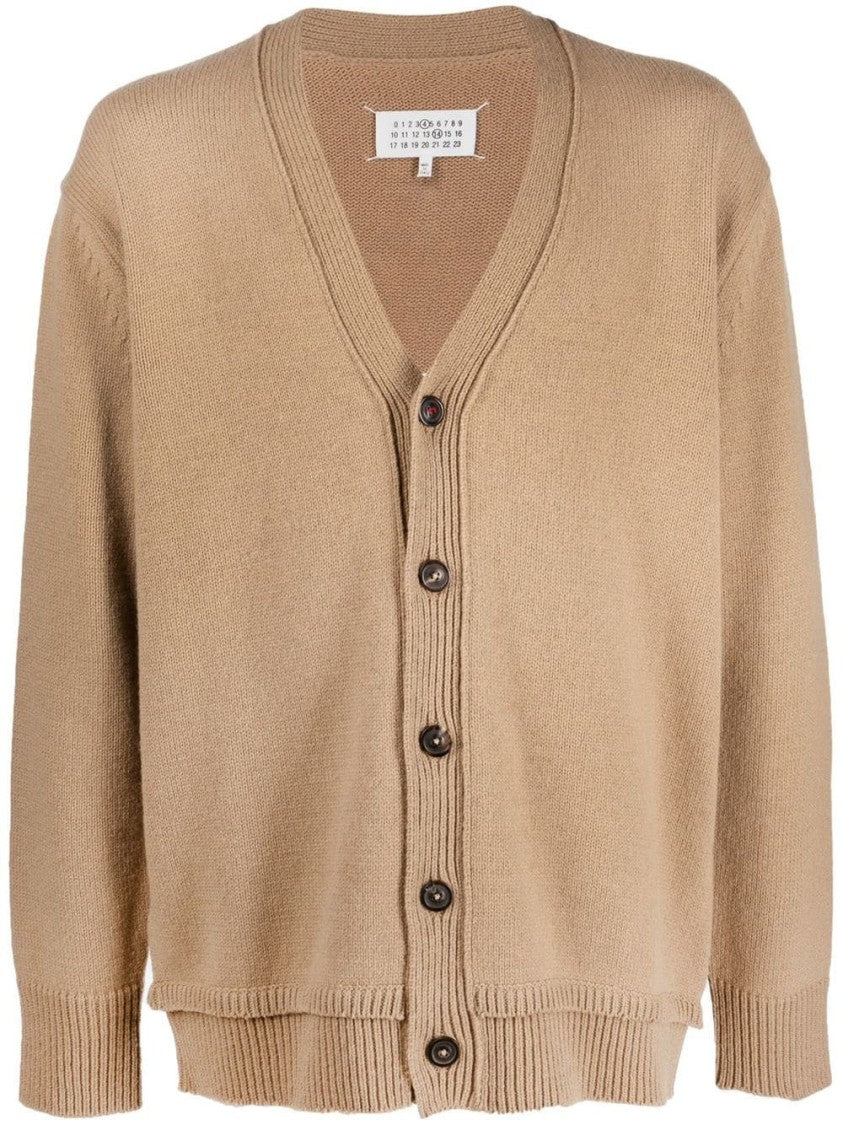Maison Margiela Beige Knit Cardigan With V-Neckline And Elbow Patches