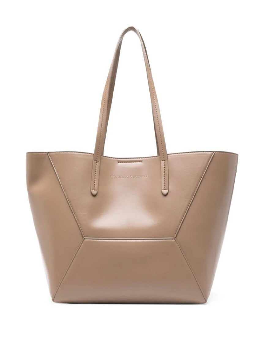 Brunello Cucinelli Geometric Panel Brown Tote Bag With Detachable Pouch