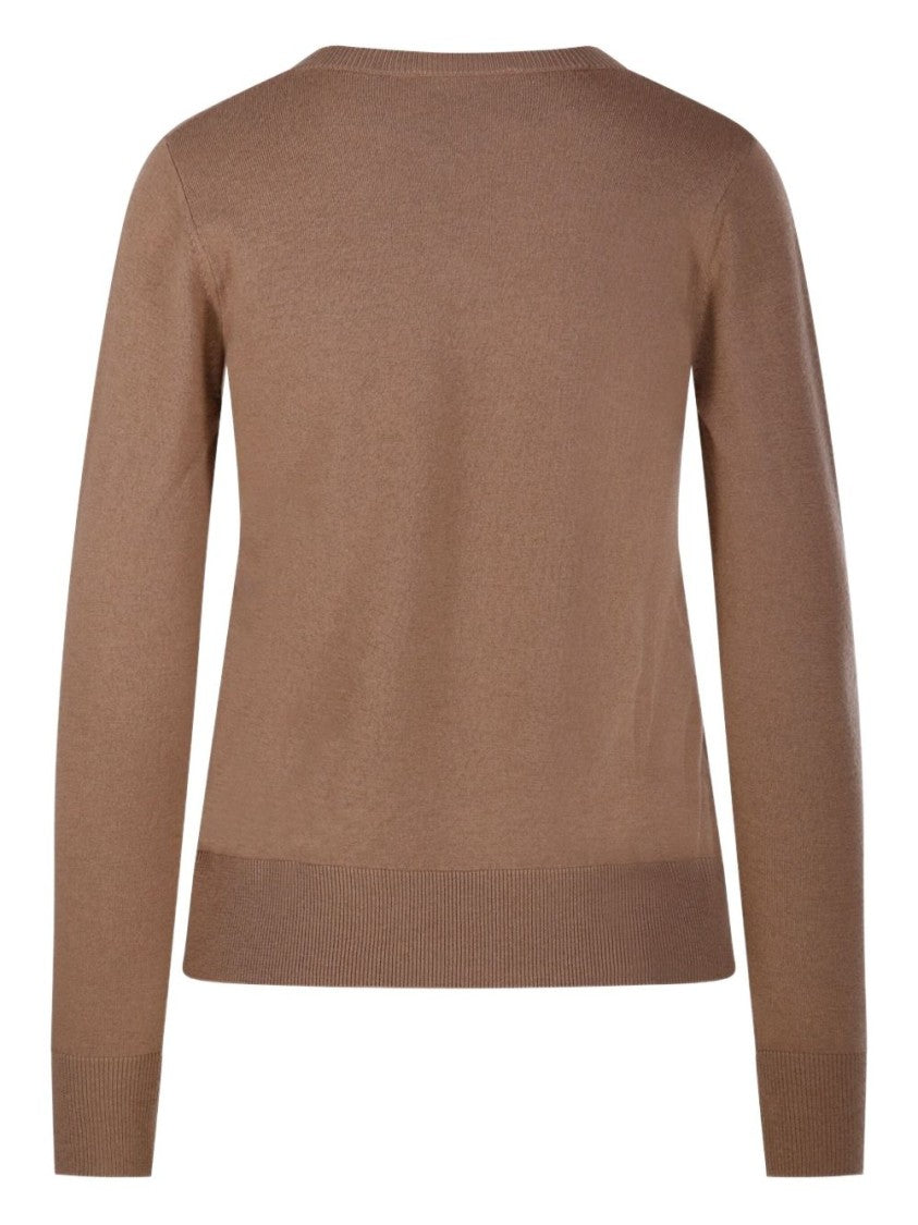 Max Mara Camel V-Neck Knit Sweater With Ribbed Cuffs
