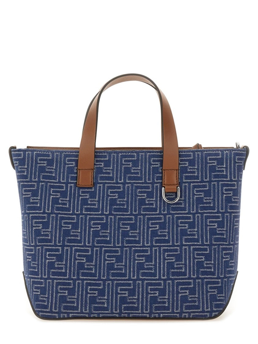 Fendi Structured Cotton Ff Shopping Bag With Leather Accents