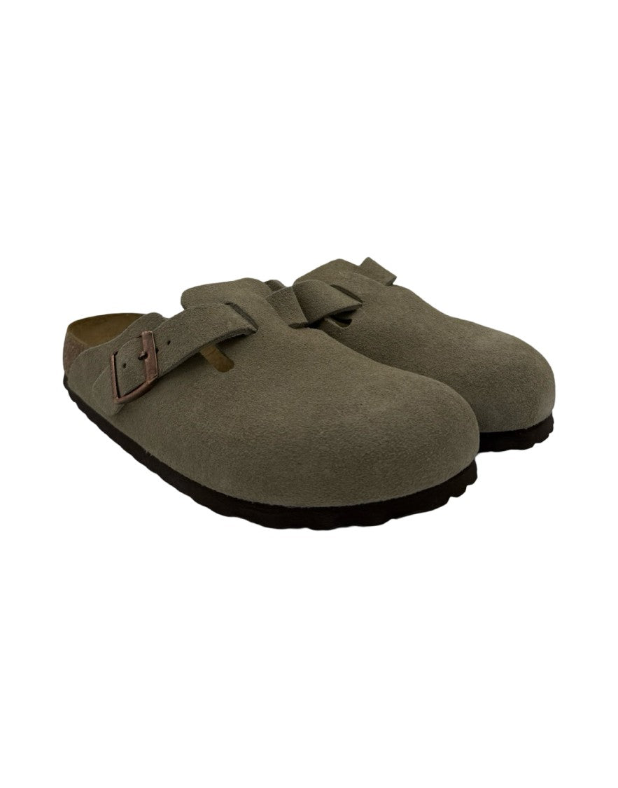Birkenstock Suede-Like Taupe Clogs With Adjustable Strap And Cork Footbed