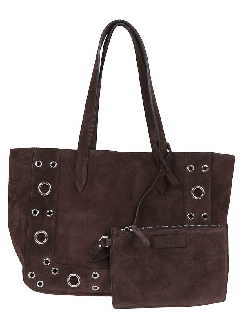 Valentino Garavani Medium Brown Leather Tote With Ball Studs And Eyelet Details