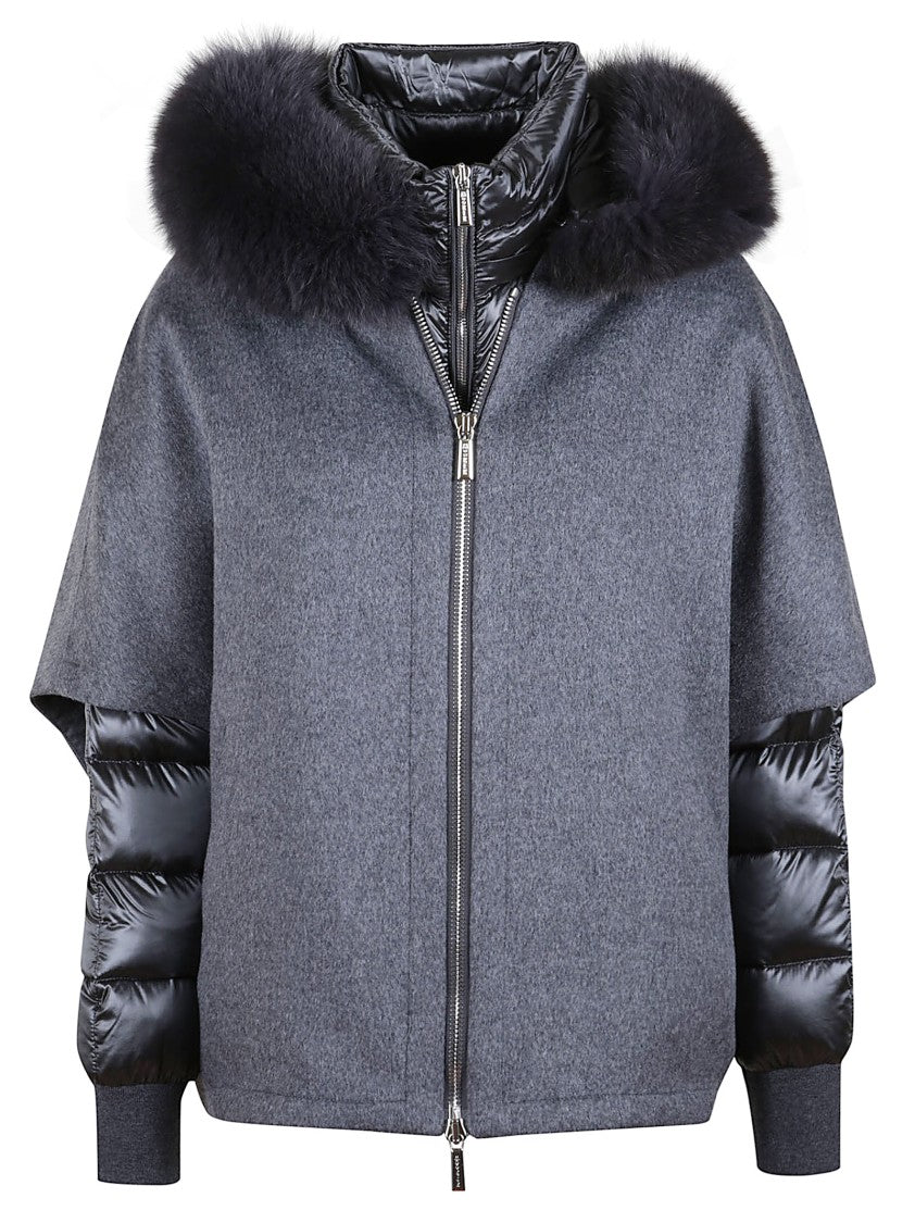 Moorer Short Cape In Dark Gray Cashmere Wool With Detachable Goose Down Jacket