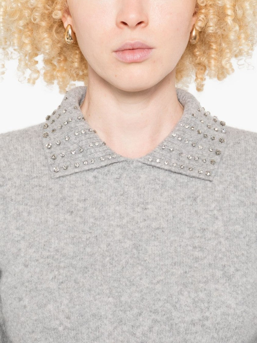 Twin-Set Light Grey Sweater With Crystal Embellished Collar And Ribbed Hem