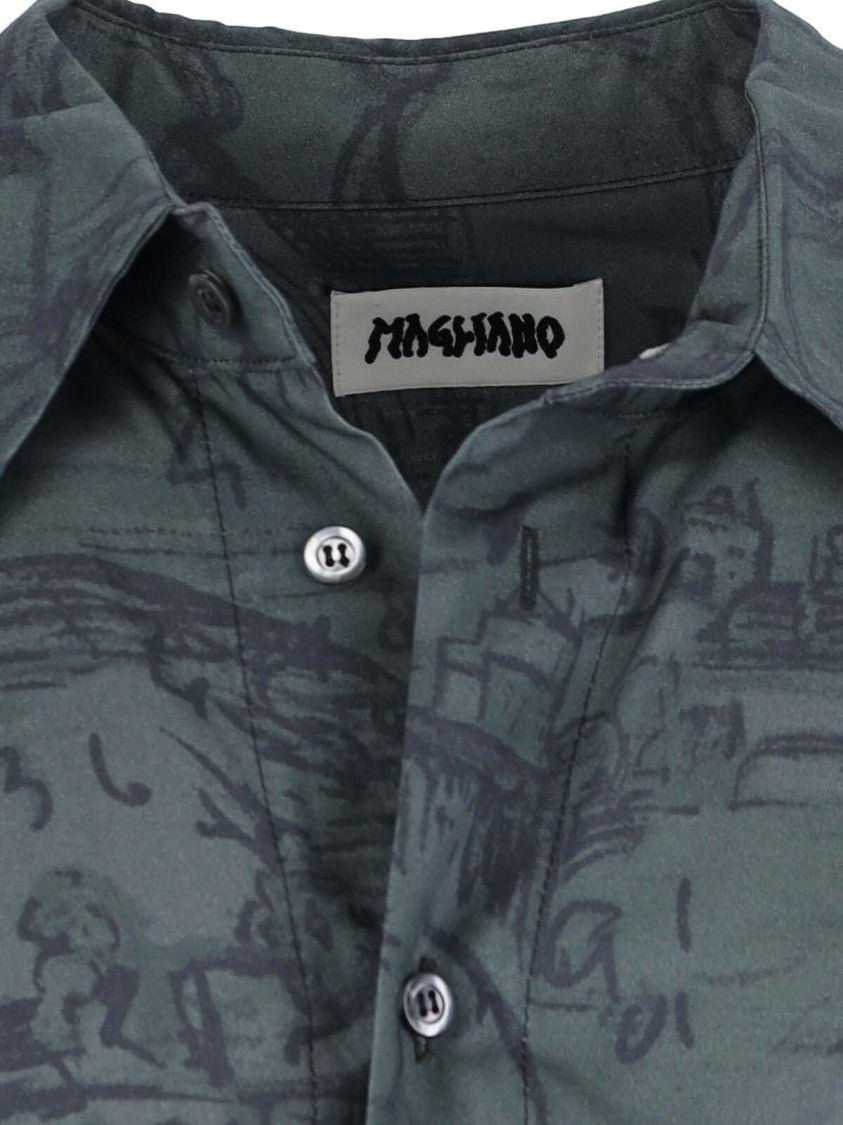 Magliano Alda's Twisted Grey Viscose Shirt With Black Print