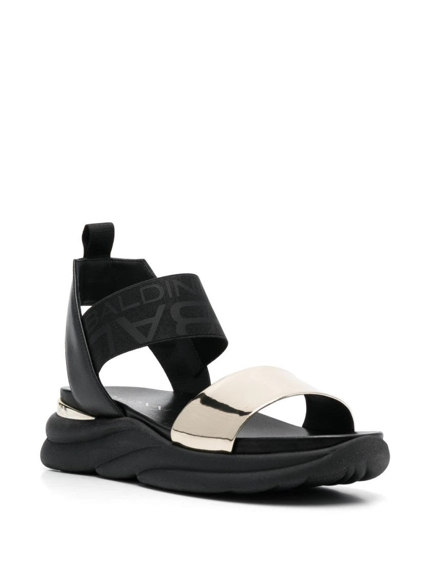 Baldinini Grey Leather Flat Sandals With Ankle Strap And Metallic Accent
