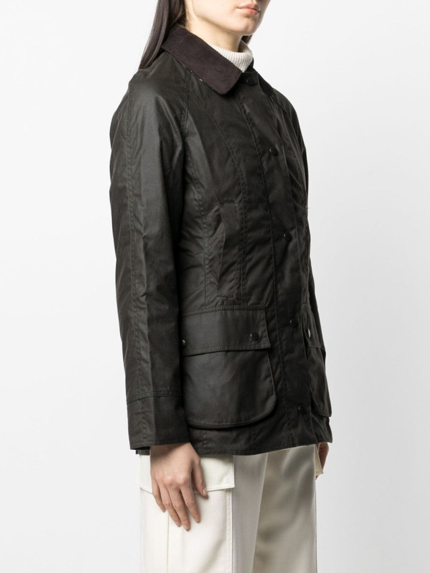 Barbour Tailored Green Coat With Corduroy Collar And Button-Up Design