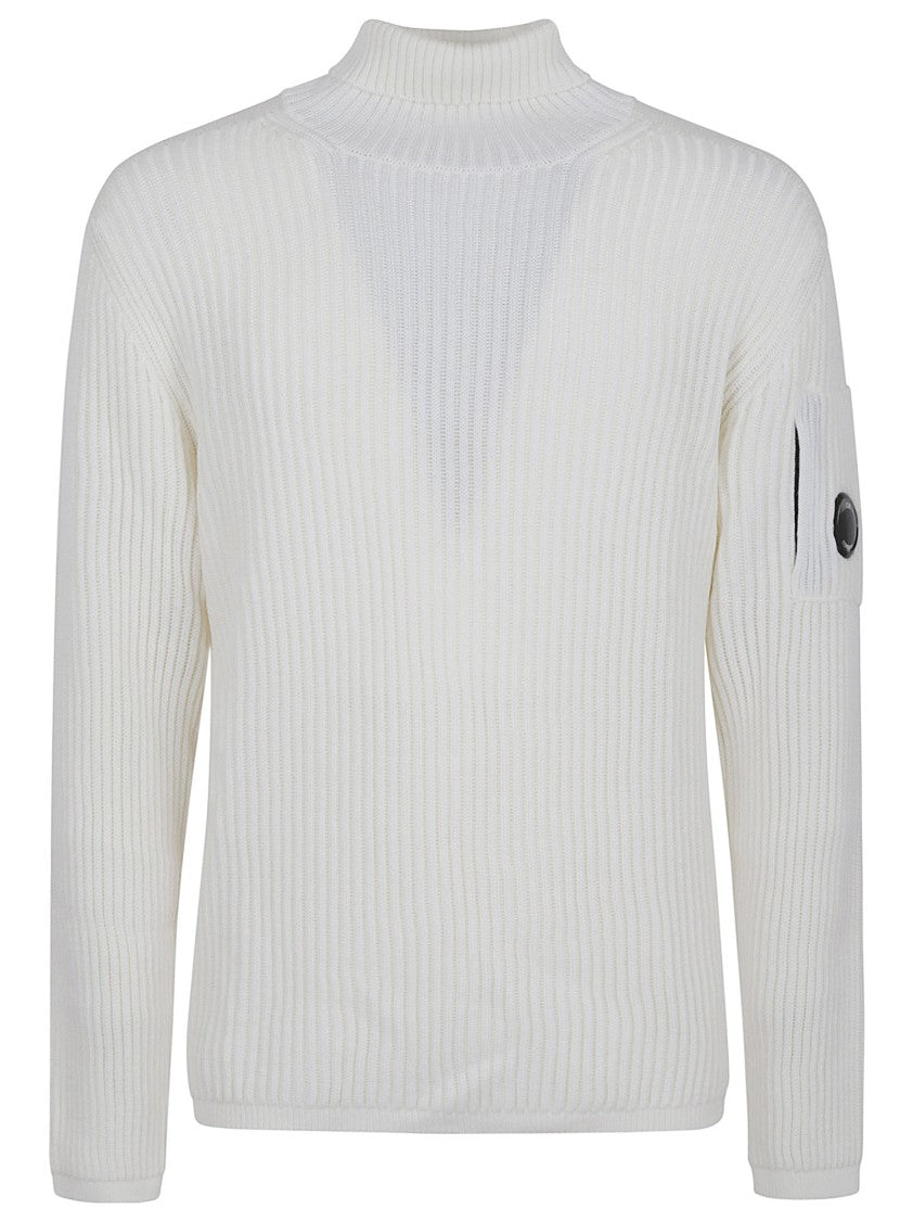 C.P. Company White Ribbed Sweater With High Neckline