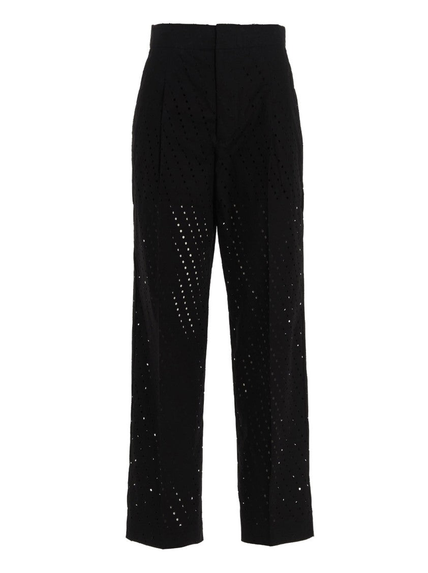 Nude Pleated Black Cotton Pants With Intricate Perforations