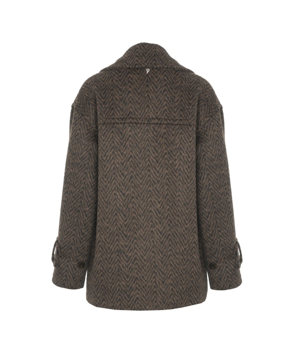Dondup Short Herringbone Peacoat With Notched Collar And Tailored Details