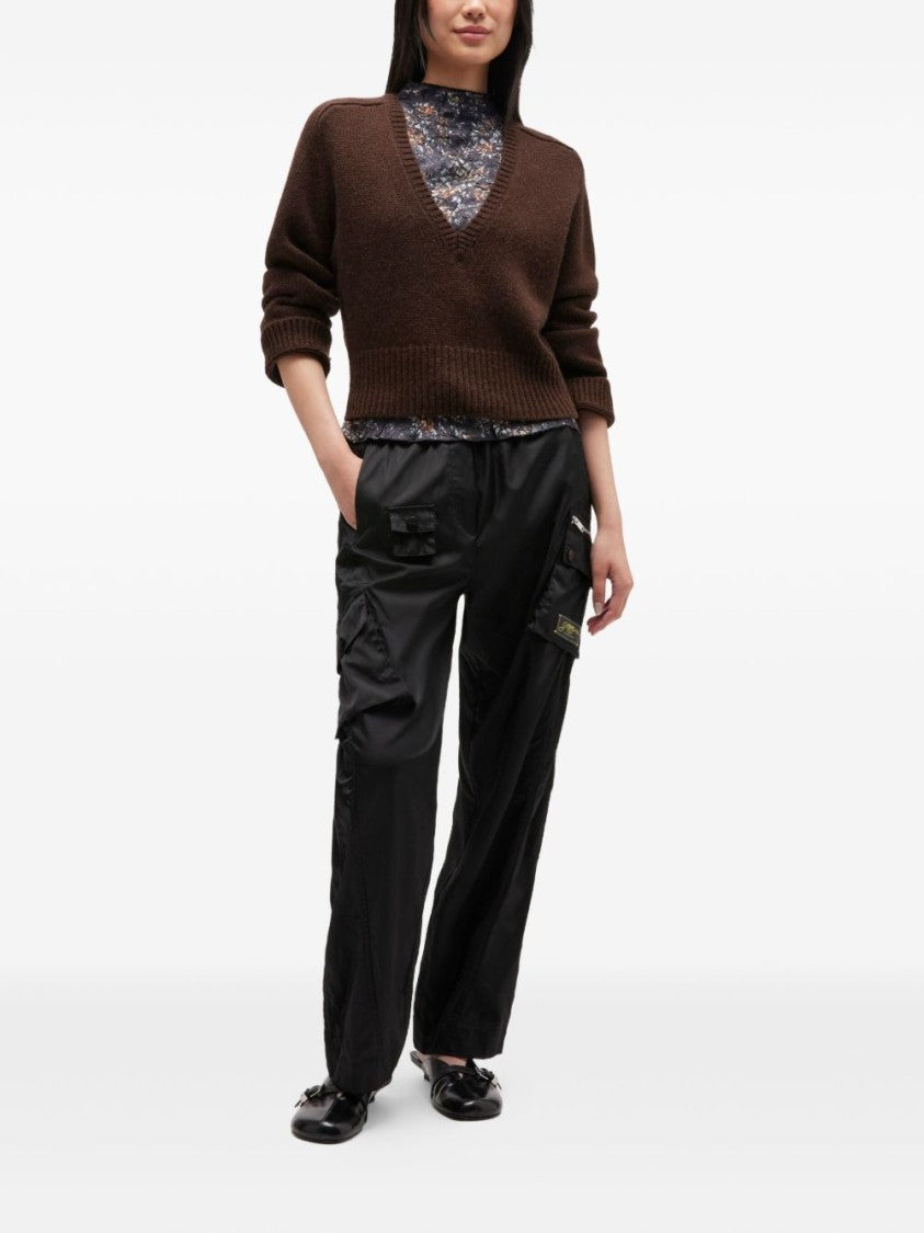 Ganni Deep V-Neck Brown Sweater With Ribbed Details
