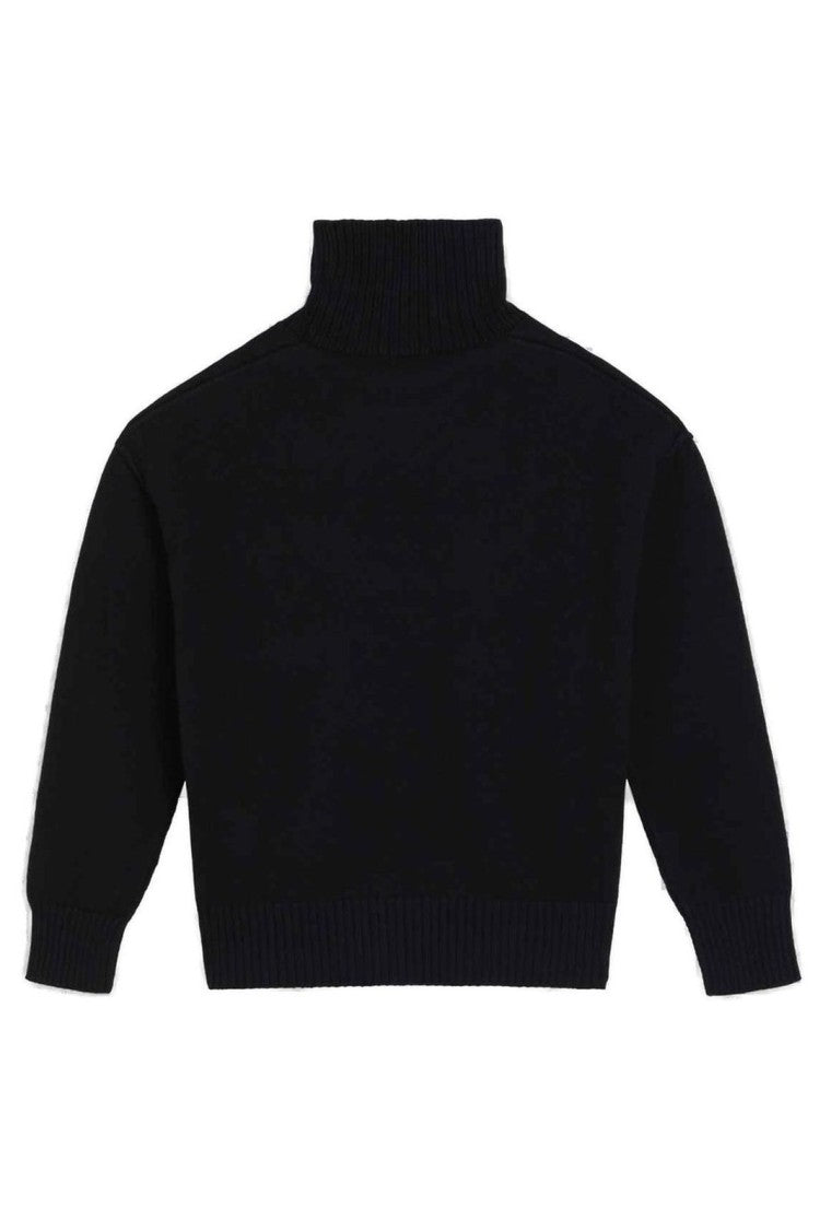 Ami Ribbed Black Wool Turtleneck Sweater With Heart Logo