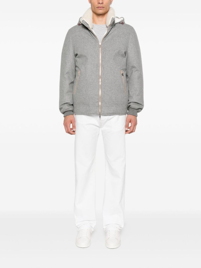 Brunello Cucinelli Textured Grey Coat With Plush Hood And Zippered Pockets