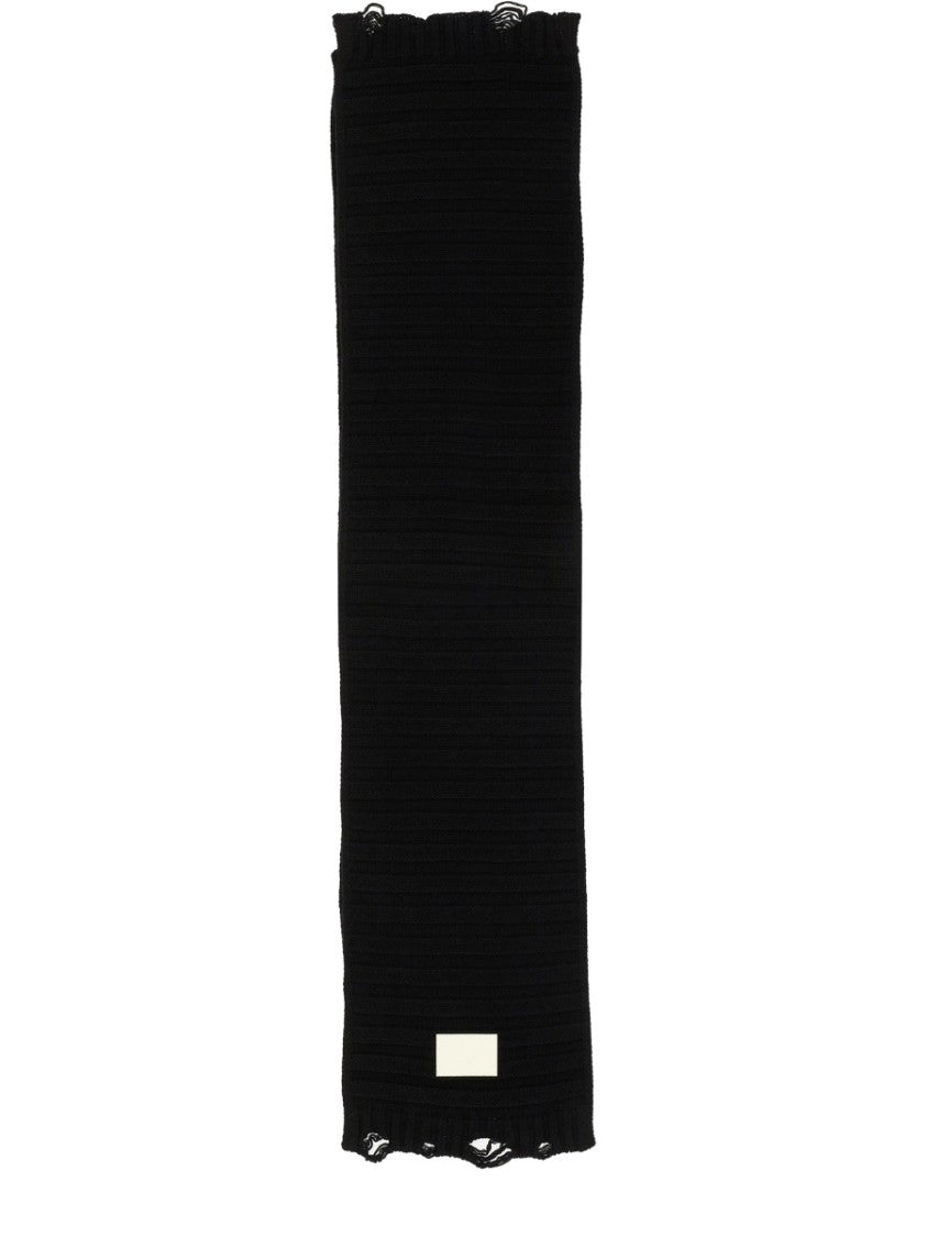 Mm6 By Maison Margiela Textured Ribbed Black Wool Scarf With Fringe