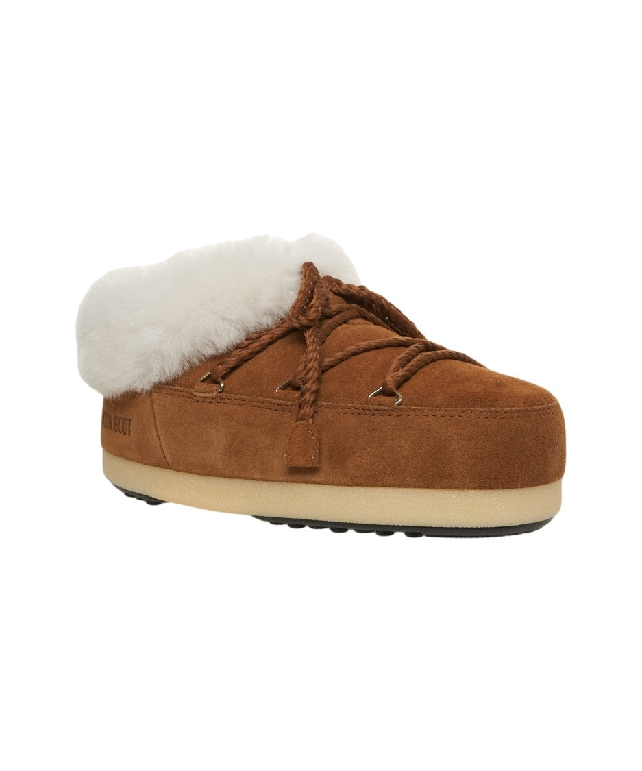 Moon Boot Suede Mules With Braided Lace Detail And Plush Fur Collar