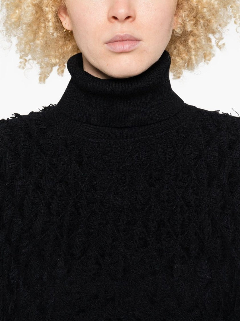 Twin-Set Textured Black Turtleneck Sweater With Ballooned Sleeves