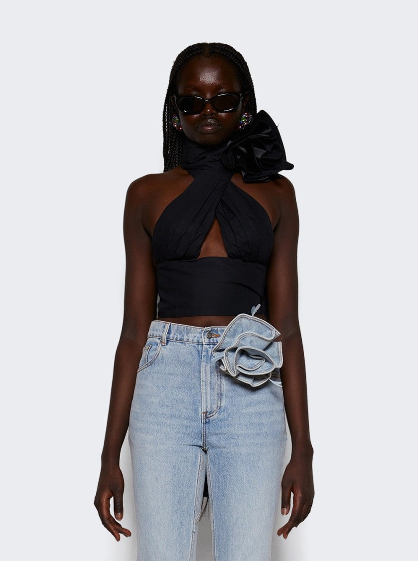 Area Flower Corsage Halter Top Black