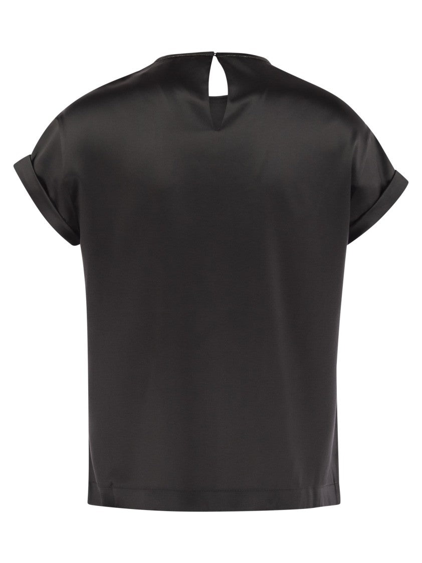 Brunello Cucinelli Stretch Silk Satin T-Shirt With Necklace