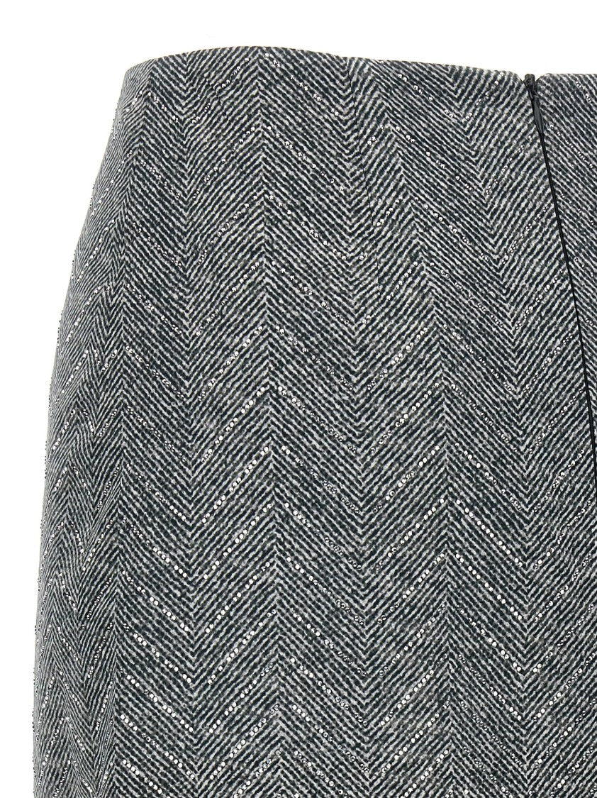 Ermanno Scervino Rhinestone-Embellished Herringbone Silk Midi Skirt