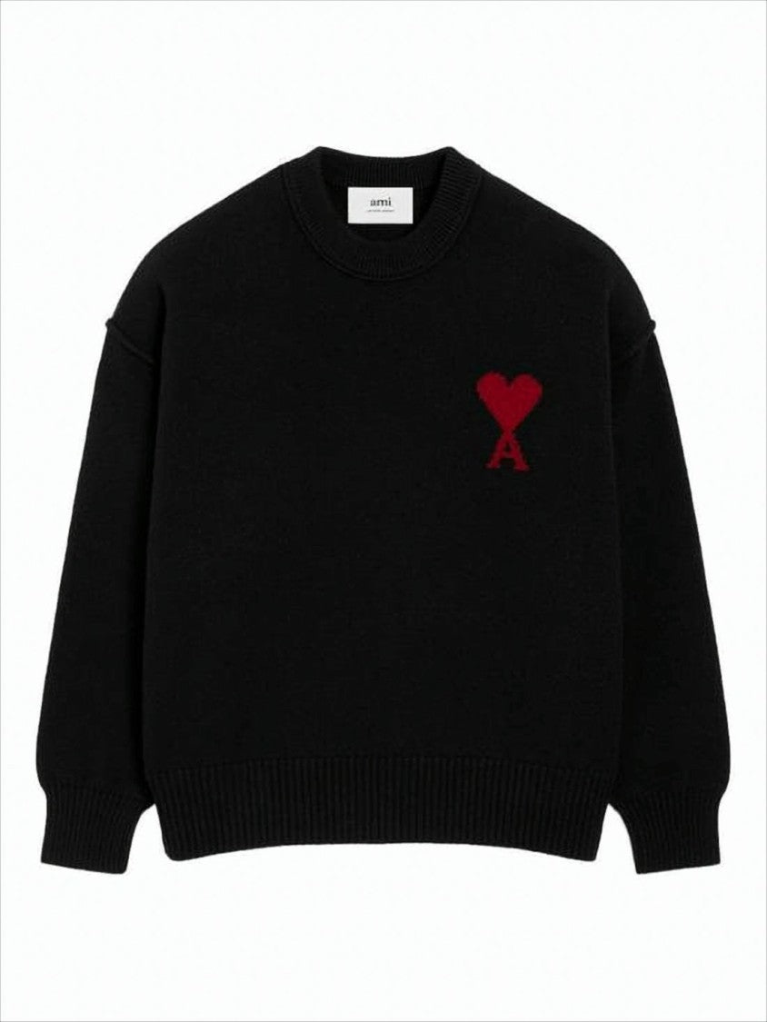 Ami Relaxed Fit Black Wool Sweater With Heart Emblem