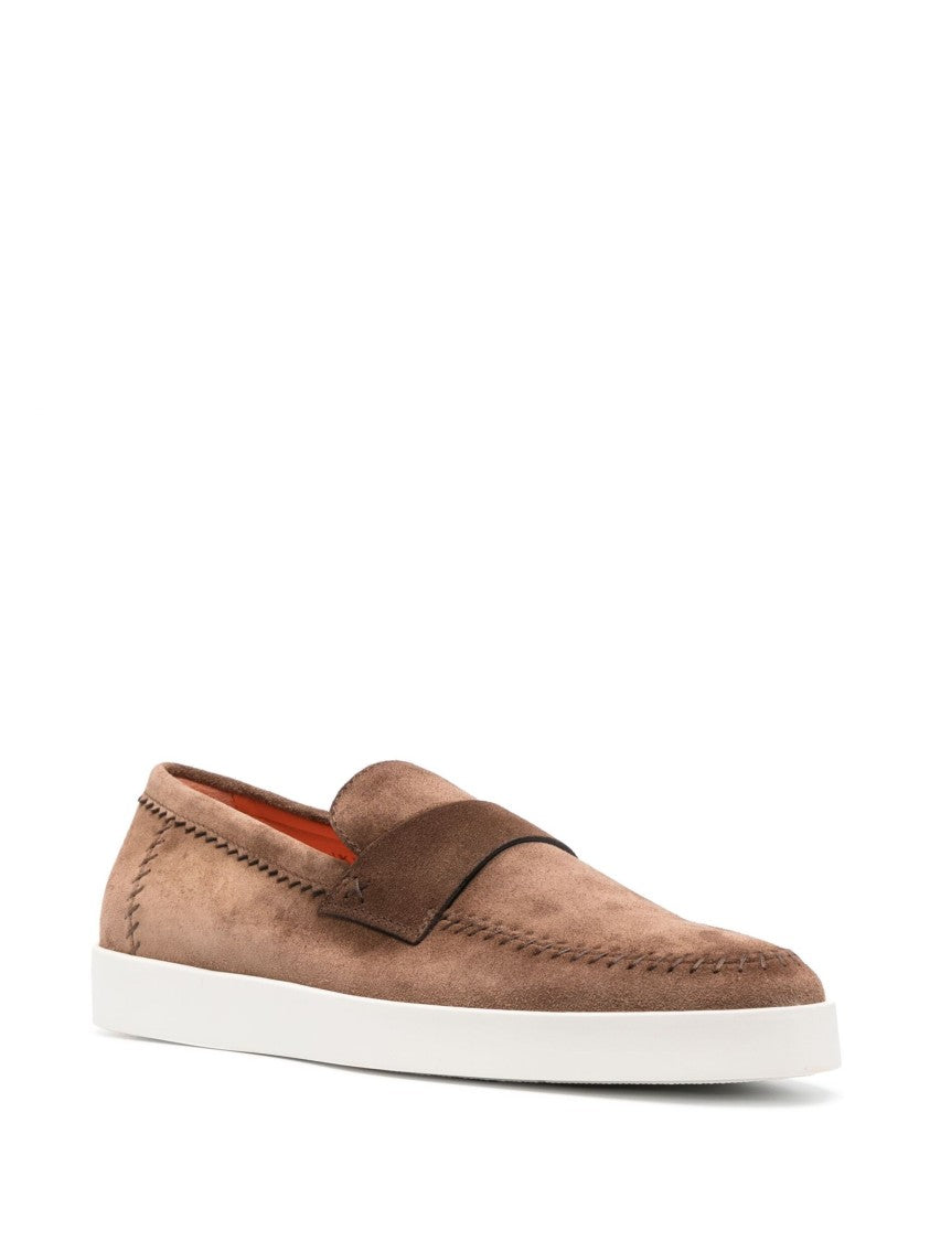 Santoni Brown Suede Loafers With Stitched Detail