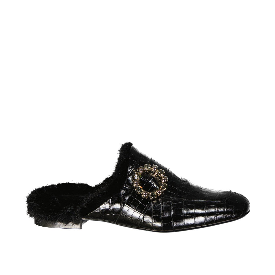 Eleventy Croc-Embossed Leather Mules With Plush Fur Lining